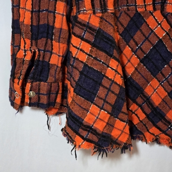 We The Free Orange Blue Plaid Button Snap Raw Hem Long Sleeve Oversized Top, XS - Picture 8 of 9